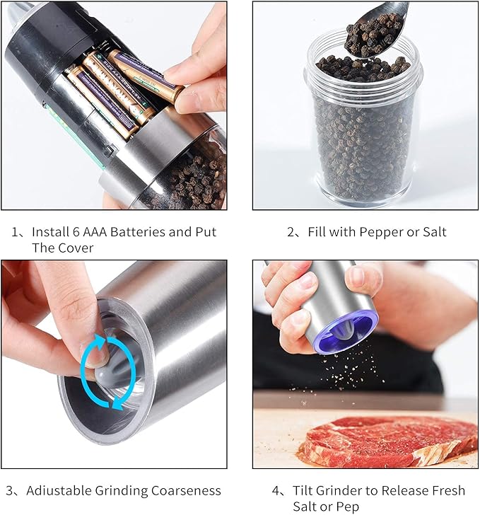 Gravity Electric Pepper and Salt Grinder Set, Adjustable Coarseness, Automatic Shakers Mill Grinder with LED Light, Battery Powered, Upgraded Larger Capacity, One Hand Operated (Sliver 2 Pack)