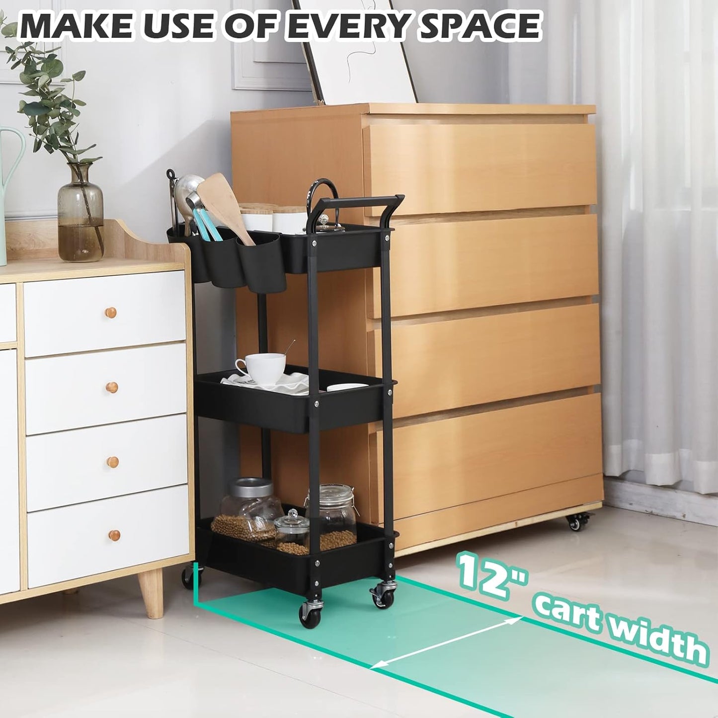 3-Tier Utility Rolling Cart,Mobile Utility Cart with Lockable Caster Wheels,Storage Shelves Organizer Cart, 3 Hanging Baskets, Easy Assembly,for Bathroom, Kitchen, Office, Workshop