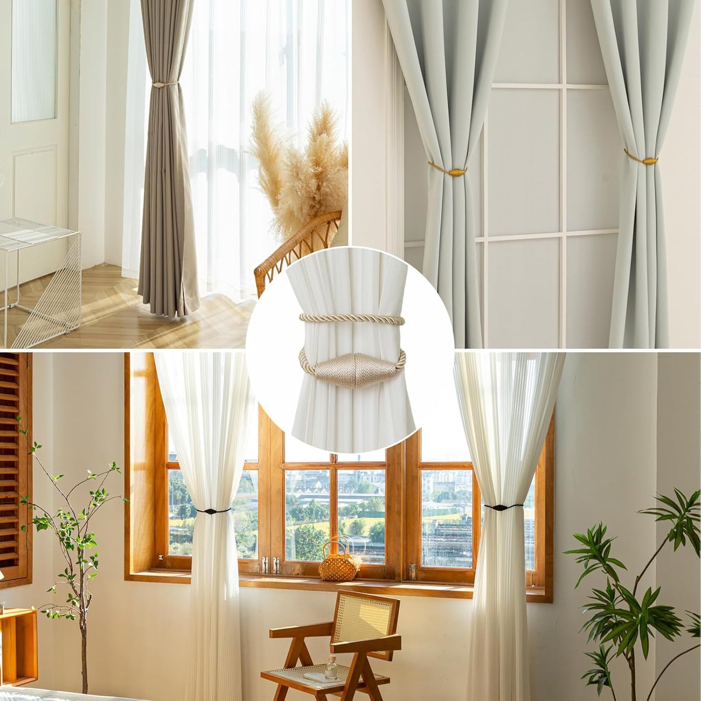 Magnetic Curtain Tiebacks 8 Pack Outdoor Rope Curtain Tie Backs Decorative Window Treatment Holdbacks for Home Decorative Curtain, Beige