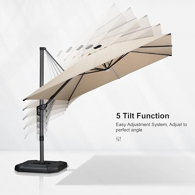 PURPLE LEAF 10 Feet Patio Umbrella with Base Outdoor Cantilever Solar Powered LED Square Umbrella Aluminum Offset Umbrella with 360-degree Rotation for Garden Deck Pool Patio, Beige