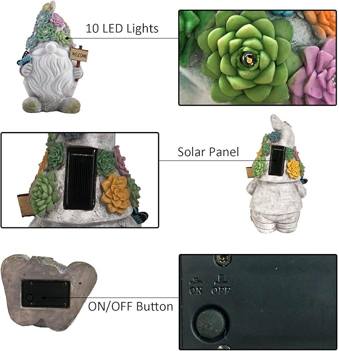BAYN Gnome Garden Statues Outdoor Decor, Solar Gnome Figurines Lights for Garden Decoration Yard Art Gifts with 10 Warm White LEDs