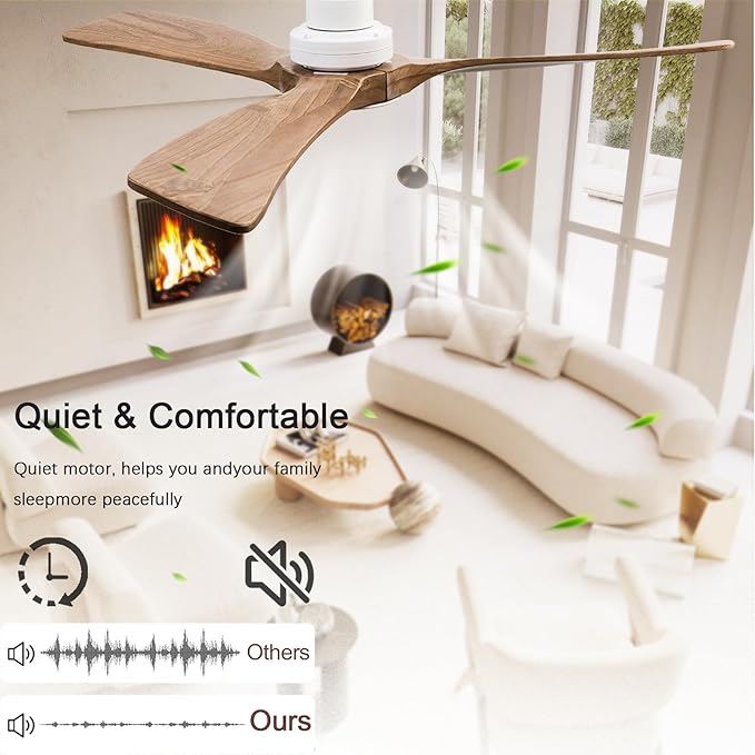 60" Ceiling Fans with Light with Remote Control, Indoor Outdoor Wood Ceiling Fan with 3 Wood Blades for Living Room, Hallway, Office, Farmhouse, etc. (White + Wood Color)
