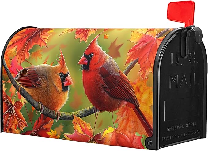 Autumn Bird Mailbox Cover Magnetic Standard Size 21x18 Inch Fall Red Birds with Maple Leaves Mailbox Covers Happy Holiday Thanksgiving Mailbox Post Cover Decor Letter Box Wraps for Outdoor Garden Yard