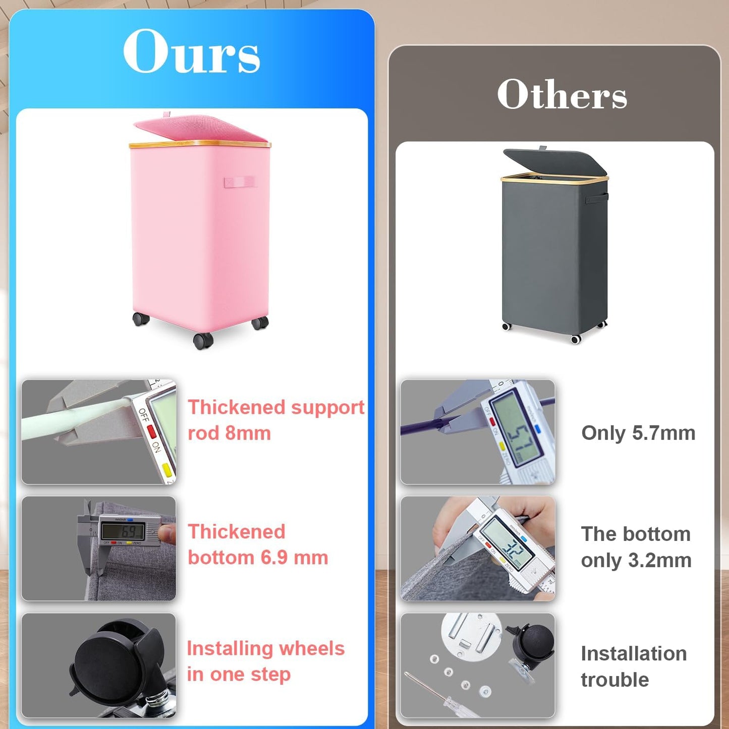 Laundry Hamper with Wheels,29 Gal (110L) Laundry Basket with lid Rolling Clothes Hamper Foldable Dirty Clothes Basket on wheels with Bamboo Frame and Bag for Bedroom, Dorm, Laundry Room-Pink