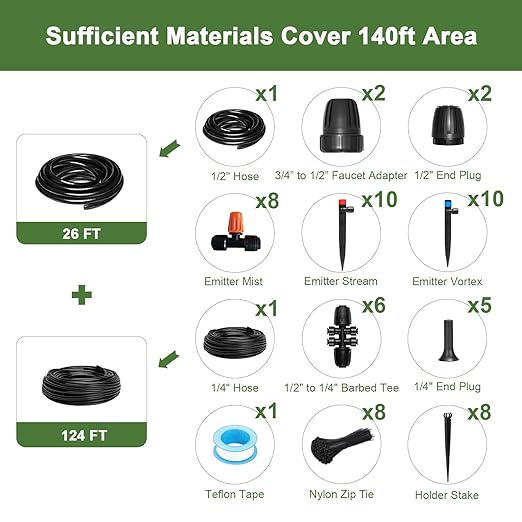 Drip Irrigation Kit for Garden, Quick-Connect Raised Bed Watering System with 1/2" & 1/4" 150FT, Plant Accessories, Drip Line Kit for Greenhouse, Sistema De Riego Por Goteo