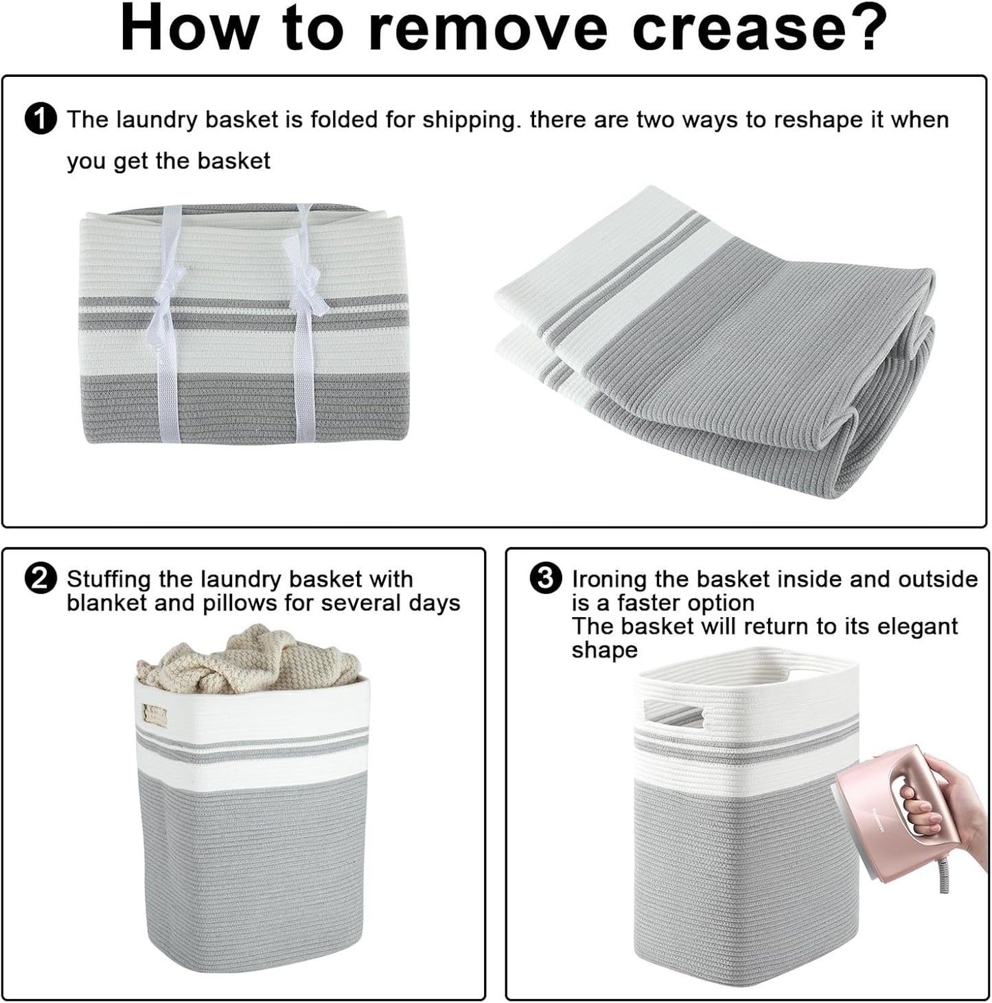 OIAHOMY 91L Laundry Hamper, XXXLarge Laundry Basket, Collapsible Cotton Rope Basket,Woven Storage Basket for Blankets,Clothes,Pillows-16x15x24-Grey