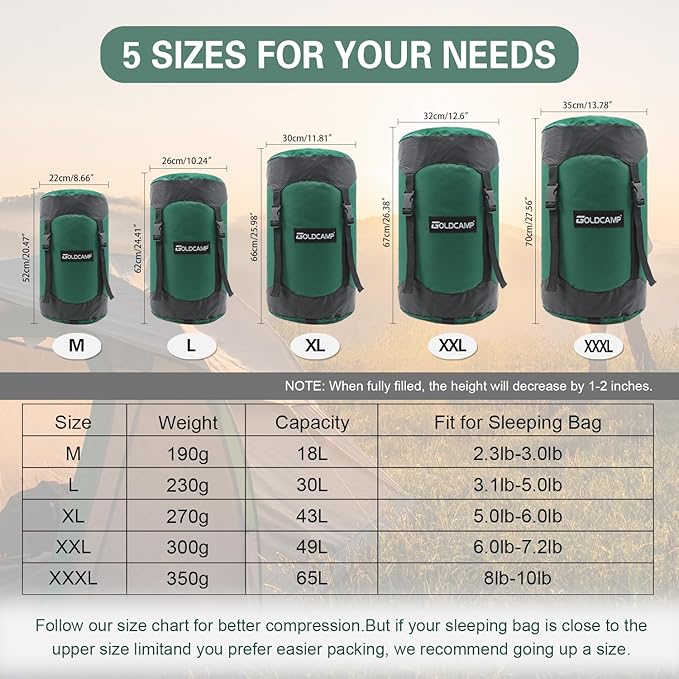 GOLDCAMP Compression Sack for Sleeping Bag Store Ultralight Sleeping Bag Compression Stuff Sack 18L 30L 43L 49L 65LSpace Saving Gear for Travel Camping Hiking Outdoor (Green, XXL)