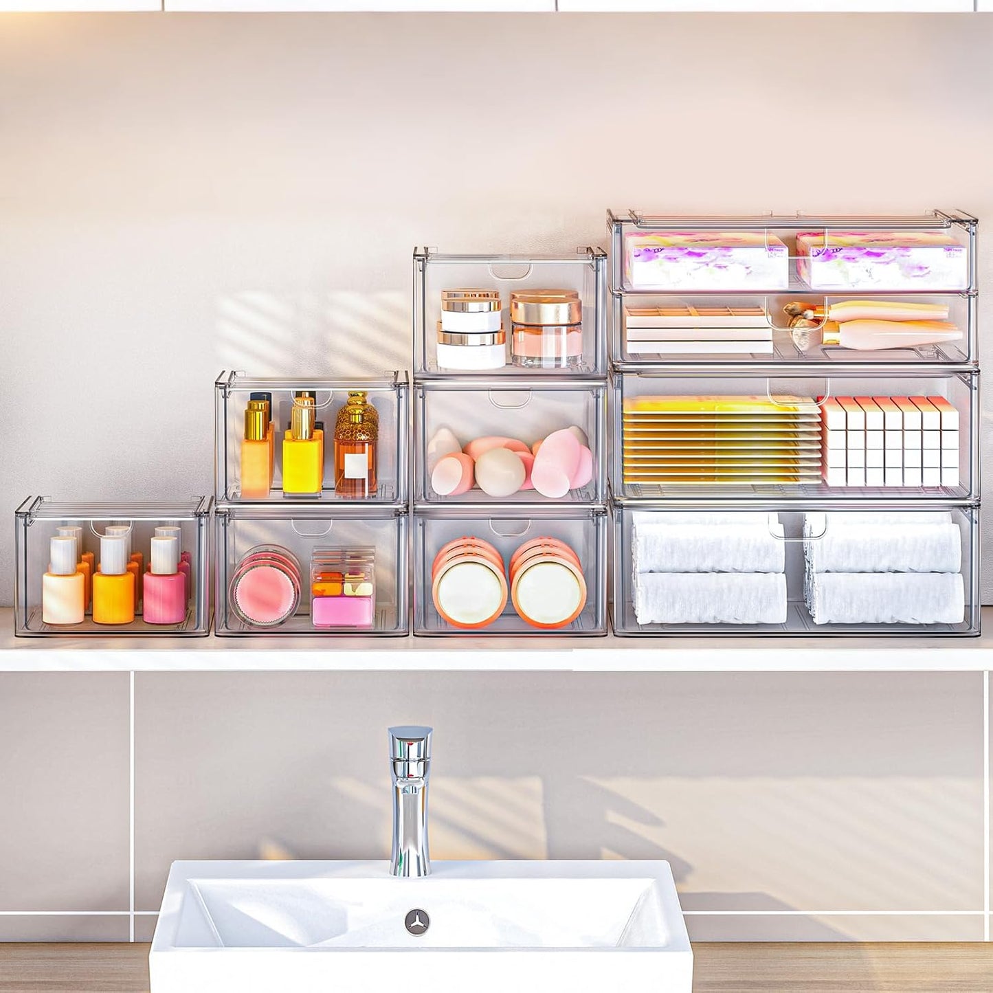 Acrylic Storage Drawers Set of 6, Clear Makeup Organizer, Plastic Organizer Bins for Beauty Supplies,Ideal for Vanity, Bathroom,Cabinet,Pantry Organization