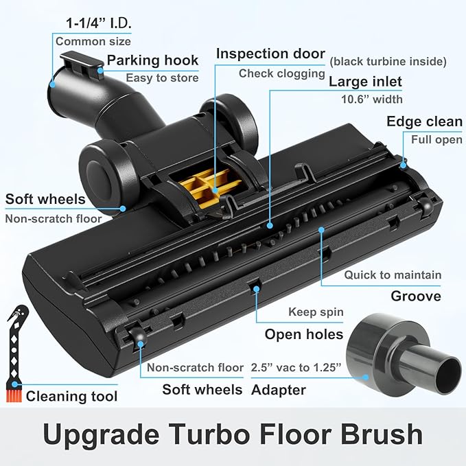 Turbo Brush Head Shop Vac Accessory 1.25" with 2.5" Hose Adapter, as 1-1/4" 2-1/2" Shopvac Attachment Wet Dry Vacuum Adaptor, Ideal for Pet Hair Removal on Carpets Area Rugs Hardfloors