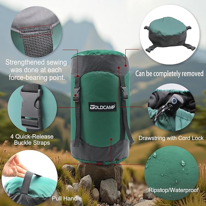GOLDCAMP Compression Sack for Sleeping Bag Store Ultralight Sleeping Bag Compression Stuff Sack 18L 30L 43L 49L 65LSpace Saving Gear for Travel Camping Hiking Outdoor (Green, XXL)