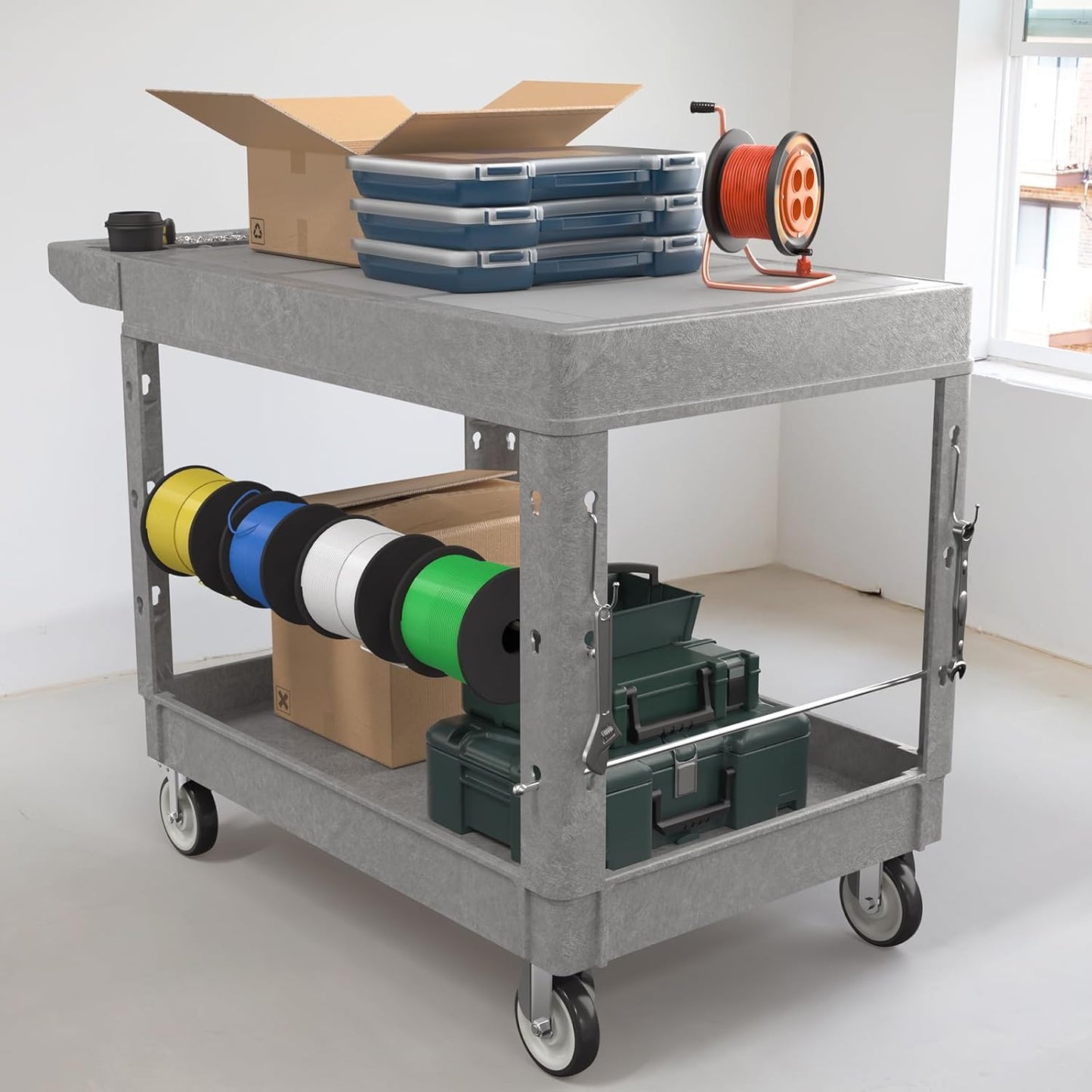 Large Garage Flat Top Utility Cart, Heavy Duty 2 Shelf Tool Cart Service Cart Rolling Push Carts with Ergonomic Handle 5" Swivel Casters.