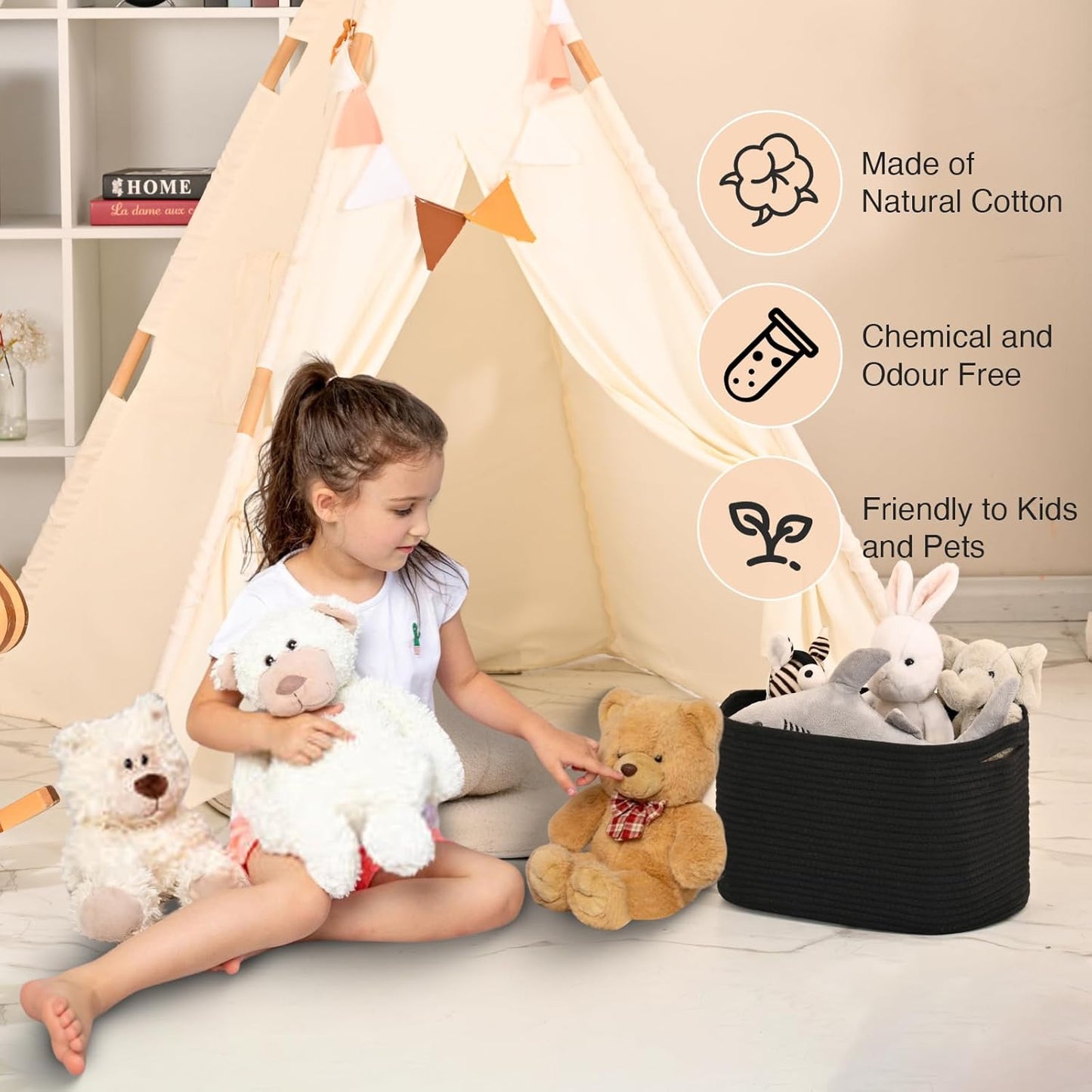 Woven Cotton Rope Storage Basket for Organizing, Cute Decorative Baskets for Gifts Empty, Organizer Bins for Dog Toy, Baby Laundry, 17“×13”×9.5“, Black