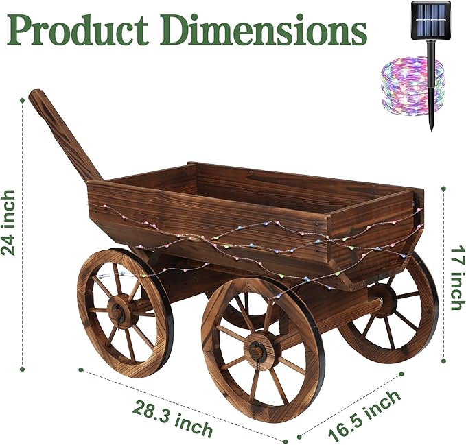 Wood Wagon Planter with Light for Outdoor Balcony Decor - Garden Rustic Wooden Flower Cart with Wheels for Outside Garden Decor Wheelbarrow Planter for Patio Christmas Decoration Gift Car