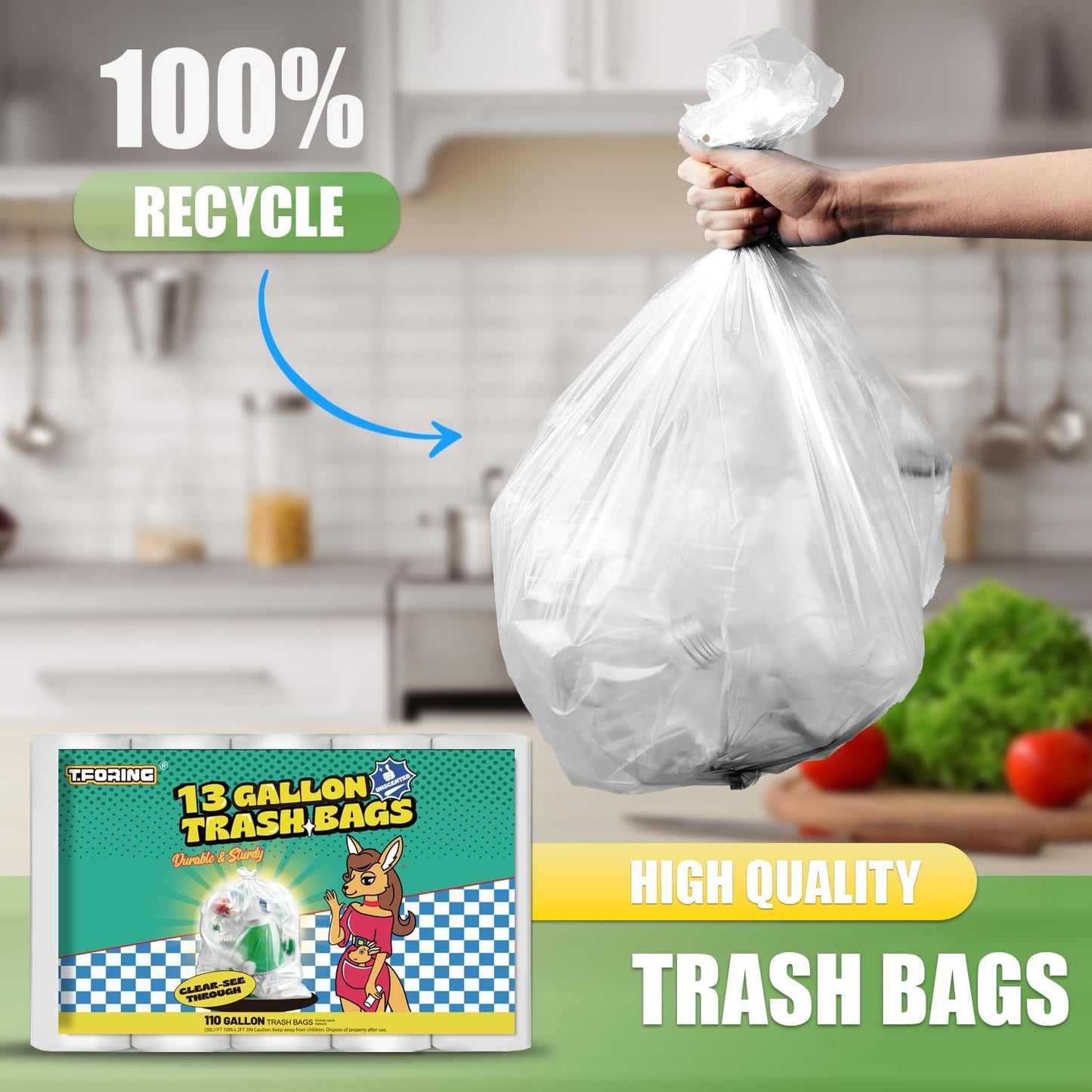 13 Gallon Tall Kitchen Trash Bags - 110 Count Clear Plastic Garbage Bags Unscented Trash Can Liners Strong Waste Basket Bags 49.2 Liter for Home and Office Bins
