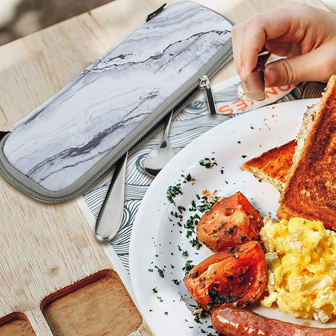 CM Reusable Portable Travel Tableware Carrying Bag Storage Case Cutlery Flatware Organziers for Straw Spoon Fork Chopsticks Utensil Holder (Marble White Pattern)