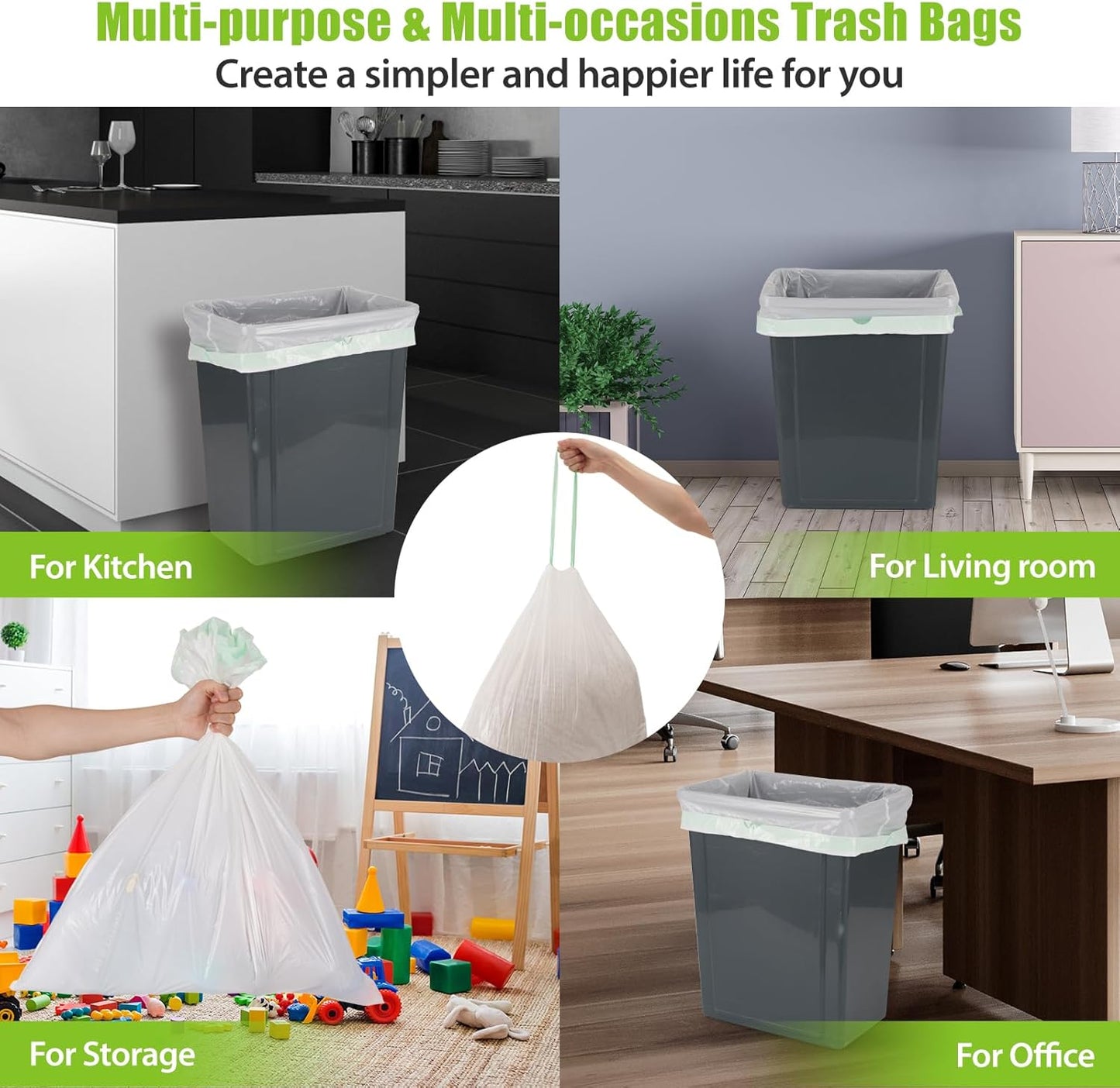 Large Trash Bags 13 Gallon Tall Drawstring 100% Post-Consumer Recycled Garbage Bag Waste Bag for Kitchen Office 0.6 Mil (300 Count)