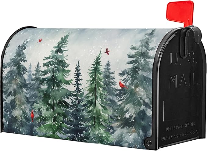 Winter Watercolor Tree Magnetic Mailbox Cover Large Size 25.5x21 Inch Christmas Dark Green Pine Trees Mail Box Post Cover Rustic Forest Red Bird Letter Box Wraps for Home Outdoor Garden Yard Decor