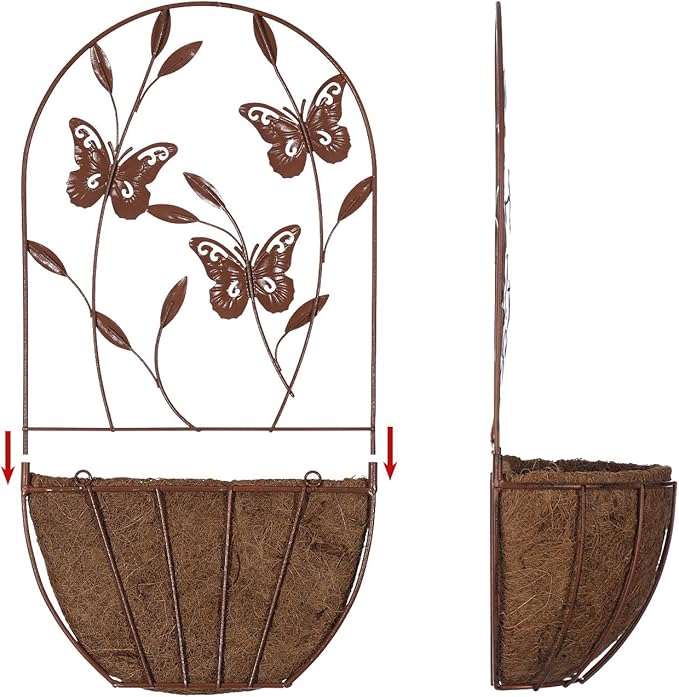 BAYN 2PK Wall Hanging Planter Decor Art with Butterfly, Metal Wall Mounted Planters Indoor Outdoor Wall Planter for Succulent Herb Home Garden Yard