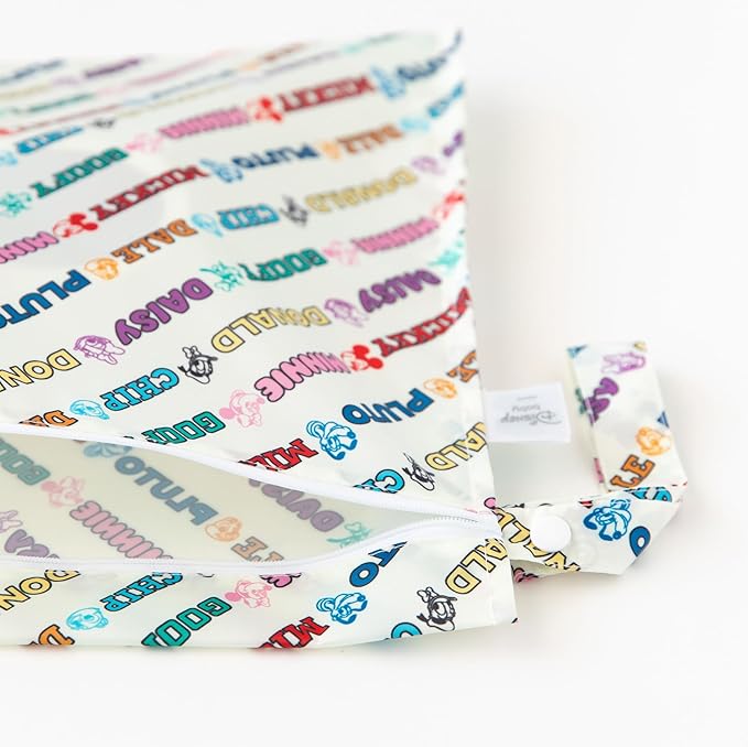 Bumkins Disney Waterproof Wet Bag for Baby, Travel, Swim Suit, Cloth Diaper, Pump Parts, Pool, Beach, Gym Clothes, Toiletry, Hook to Stroller, Daycare, Zipper Reusable Wetdry, Mickey and Friends White