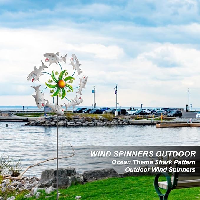 Shark Outdoor Wind Spinners - 39" Ocean-Themed Metal Wind Sculptures Garden Stake Art, 13.5” Windmill Yard Kinetic, Outdoor Decor for Patio & Lawn - Metal Beach Sculpture with Shark Design
