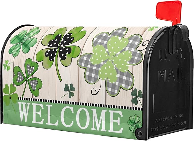 Welcome St Patrick's Day Holiday Magnetic Mailbox Covers Large Size 25.5x21in Lucky Shamrocks Clover Mail Box Wraps Green Leaves Wooden Decorative Letter Post Box Cover for Home Garden Outside