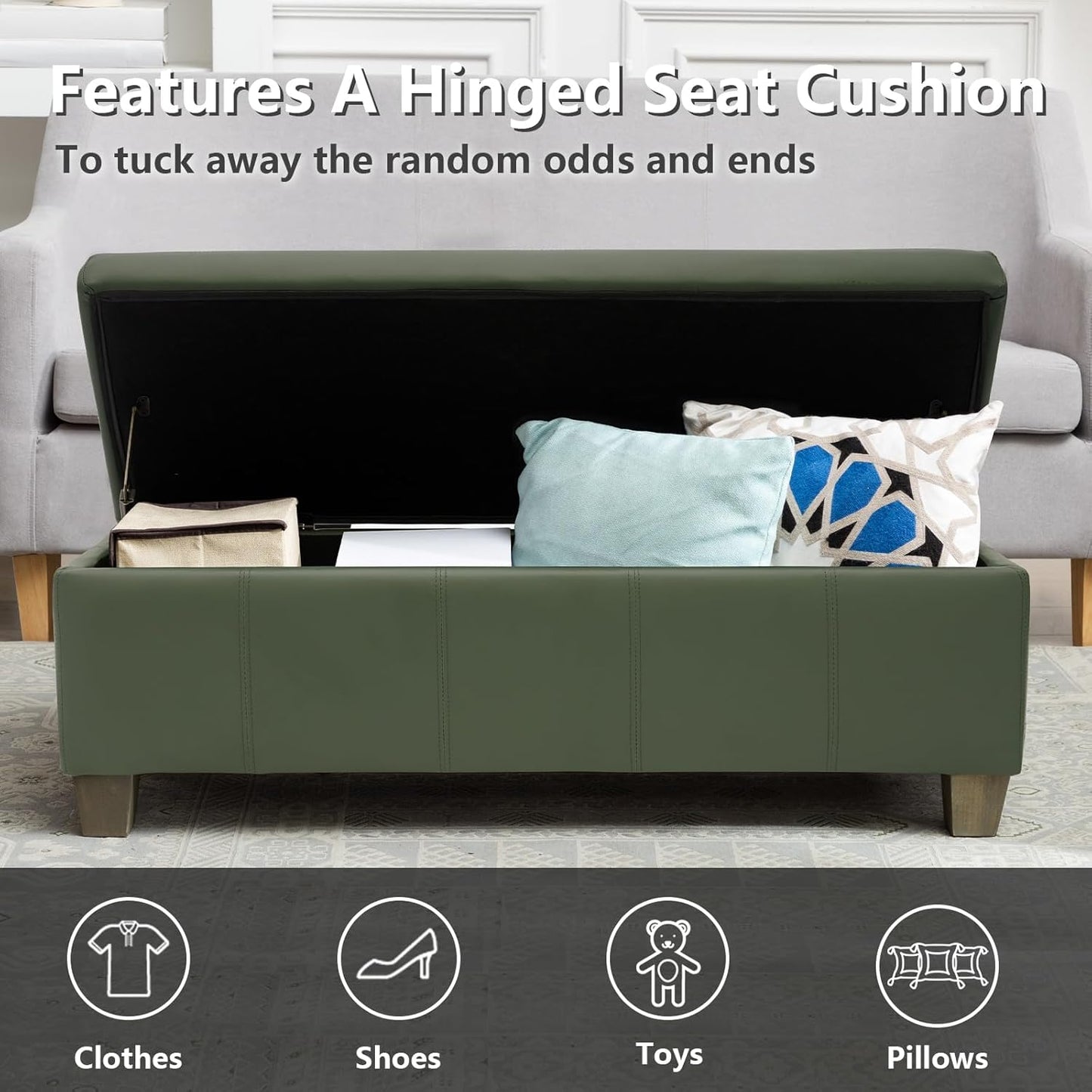 Teal Faux Leather Ottoman with Storage, Rectangular Extra Long Storage Bench for Bedroom and Living Room