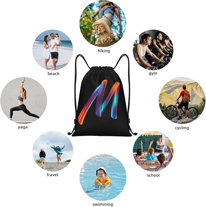 Drawstring Bags Initial Drawstring Backpack Sackpack Black Draw String Cinch Bags for Sports, Gym, Travel, Swimming, Beach, Camping, Rainbow Letter M