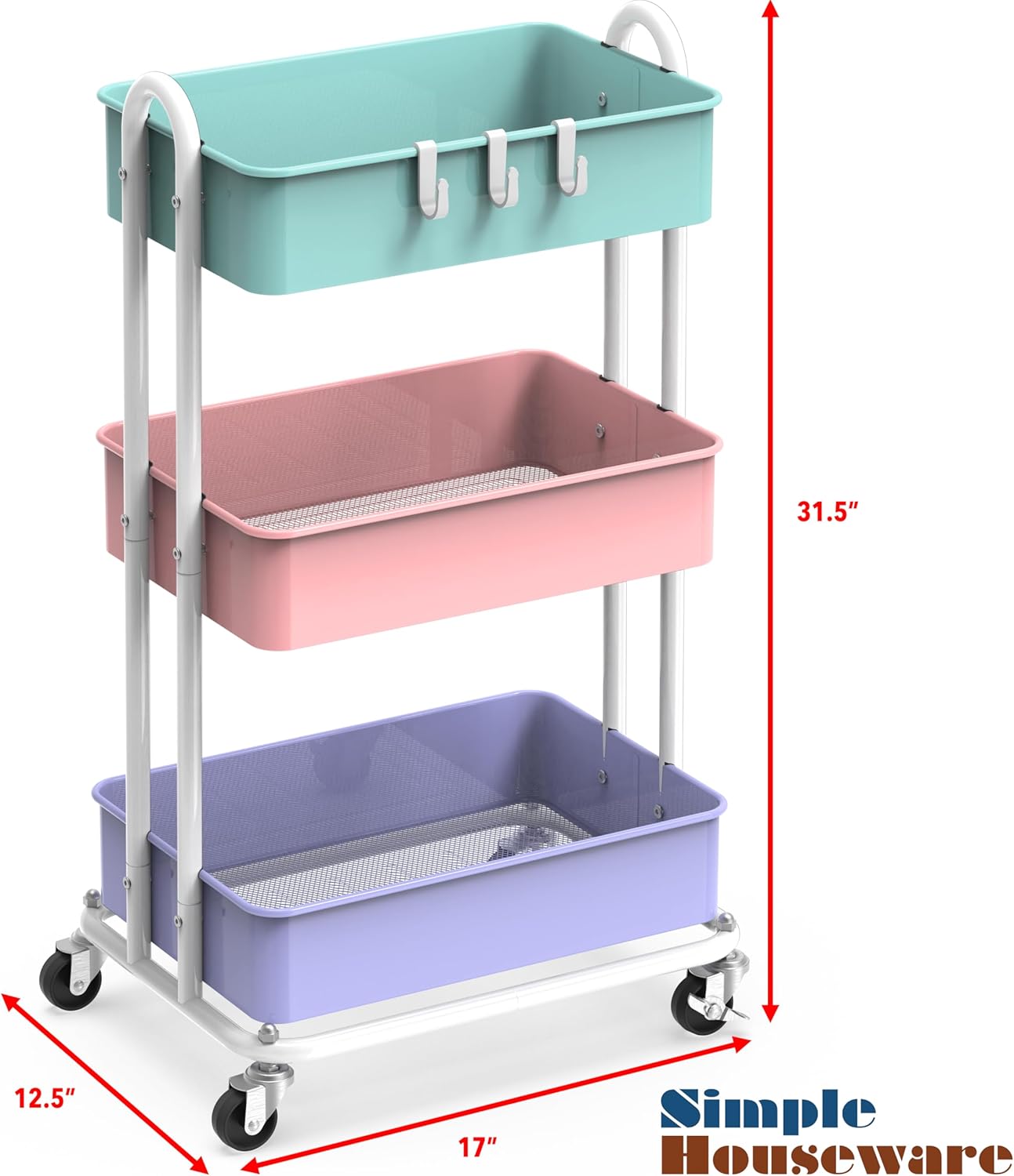 Simple Houseware 3-Tier Heavy Duty Metal Utility Rolling Cart, Multicolor