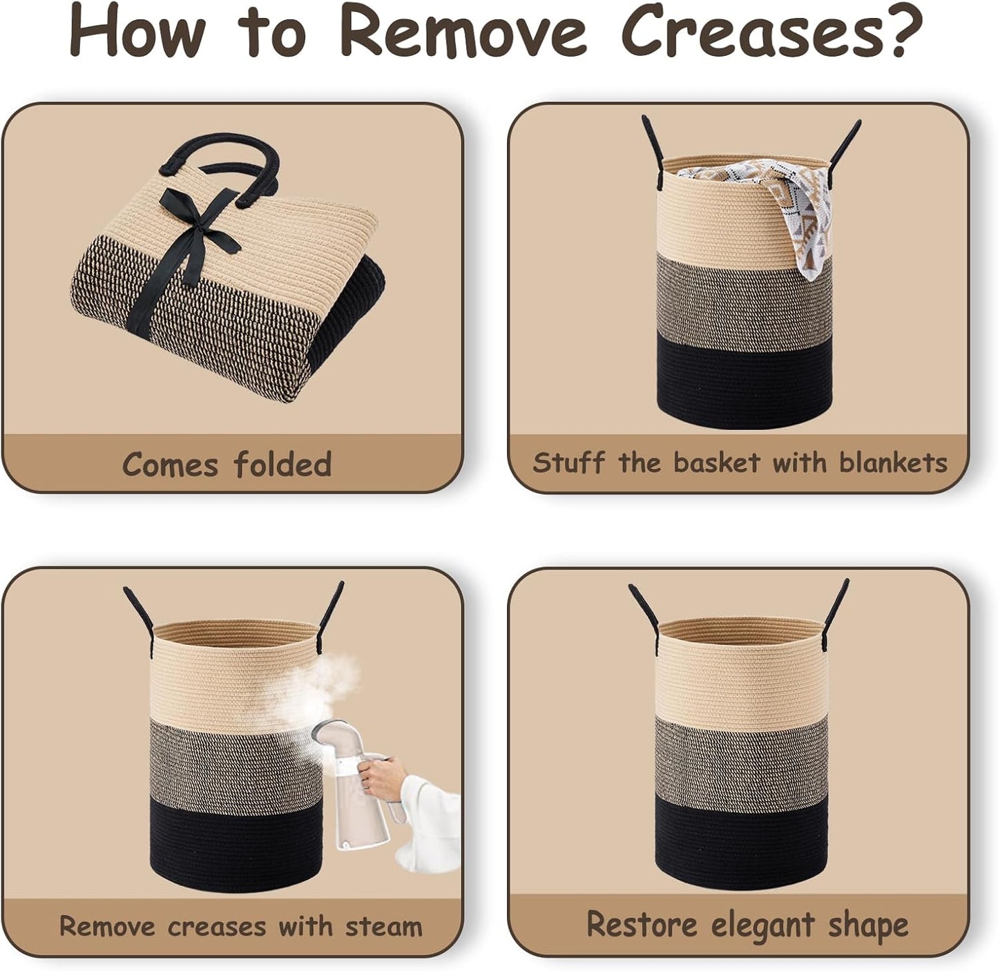 VIPOSCO Large Laundry Hamper, Tall Woven Rope Storage Basket for Blanket, Toys, Dirty Clothes in Living Room, Bathroom, Bedroom - 53L Brown & Black