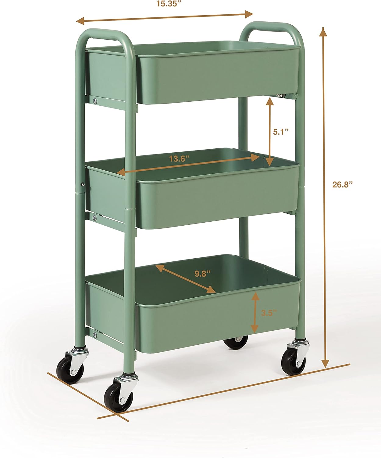 SunnyPoint 3-Tier Delicate Compact Rolling Metal Storage Organizer - Mobile Utility Cart Kitchen/Under Desk Cart with Caster Wheels - Turq (15.35" X 10.24" X 26.8"H)