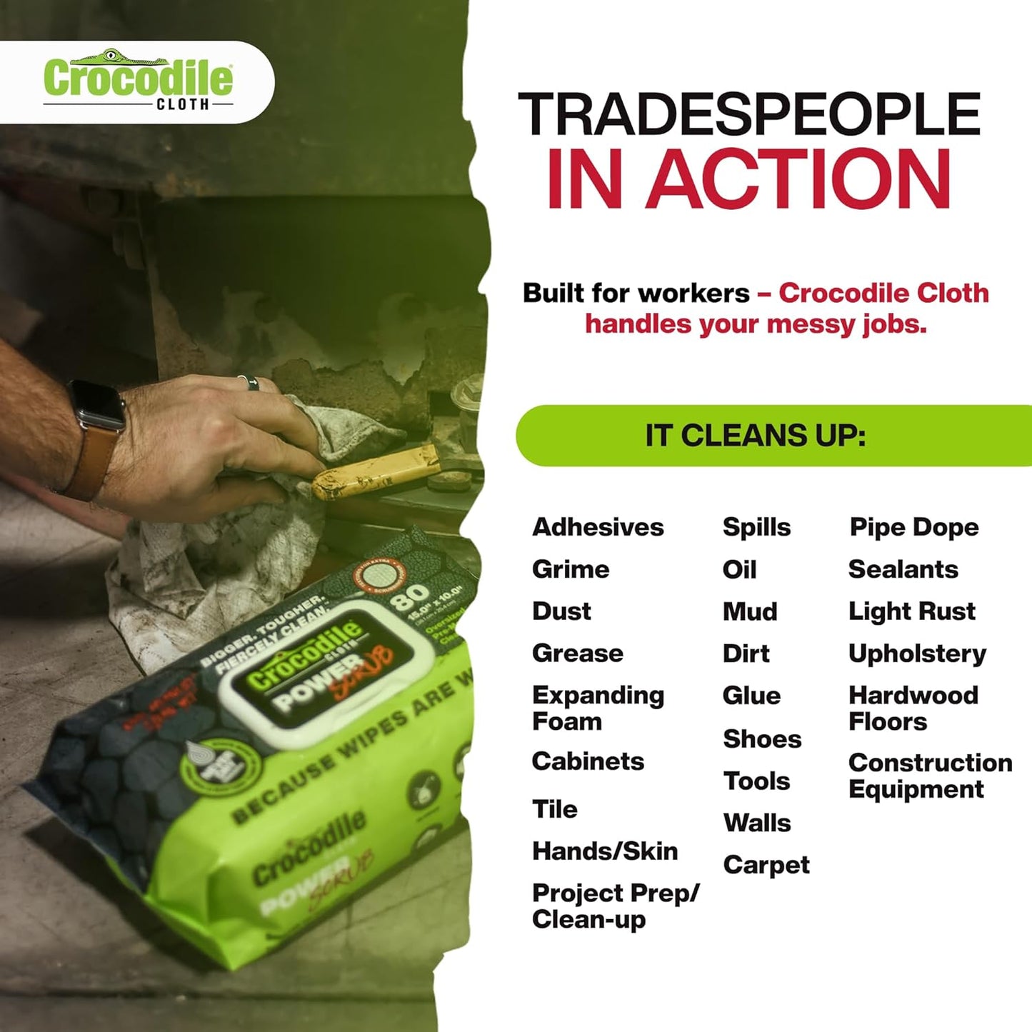 Crocodile Cloth PowerSCRUB Cleaning Wipes – 80 (15" x 10") Dual-Surface Cloths, Heavy-Duty, Moist, Absorbent, & Disposable - Safe on Skin & Multiple Surfaces