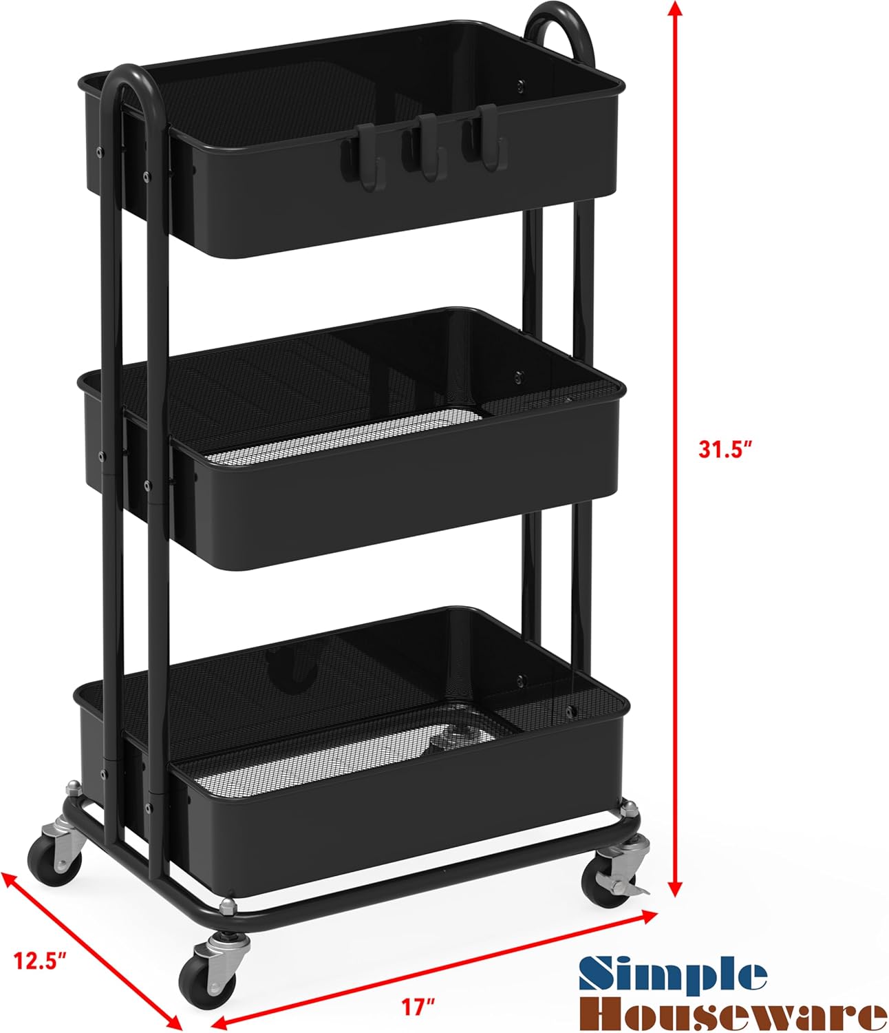 Simple Houseware 3-Tier Heavy Duty Metal Utility Rolling Cart, Black