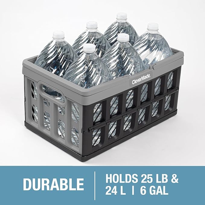 CleverMade Collapsible Shopping Basket, Stone, 3PK - 24L (6 Gal) Reusable Plastic Grocery Shopping Baskets, Holds 25lbs Per Basket - Small Foldable Storage Crates with Handles