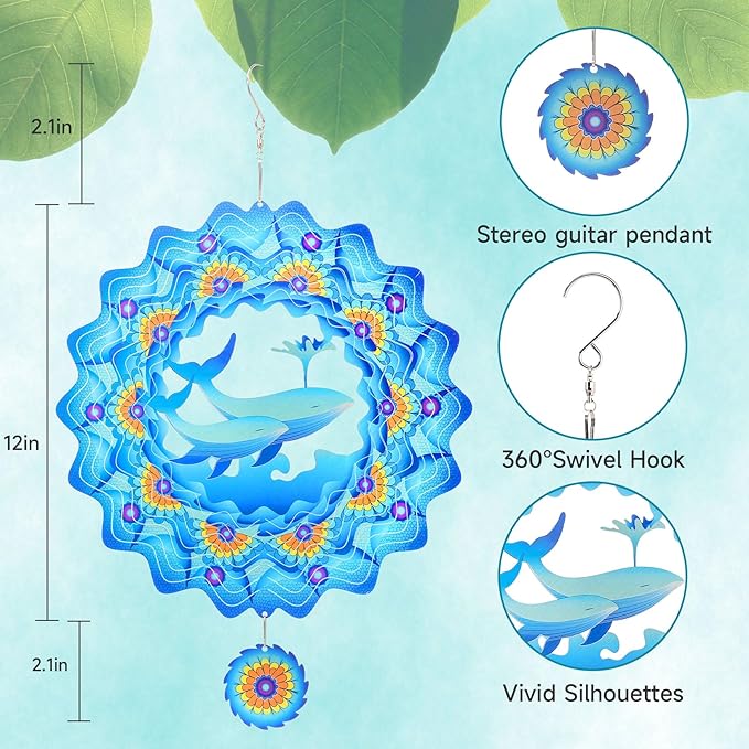 Whale Wind Spinners Garden Yard Decor Gift for Women Men, 12 Inch Outdoor Metal 3D Wind Spinner, Stainless Steel Hanging Wind Catchers Kinetic Sculpture for Outside Decoration