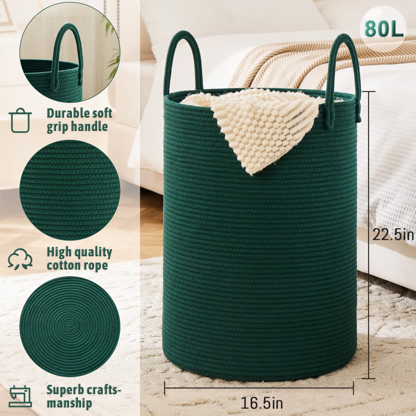 Laundry Basket,Woven Cotton Rope Laundry Hamper,80L for Decorative Storage of Dirty Clothes,Toys and Blankets in Bathroom,Baby Room and Living Room