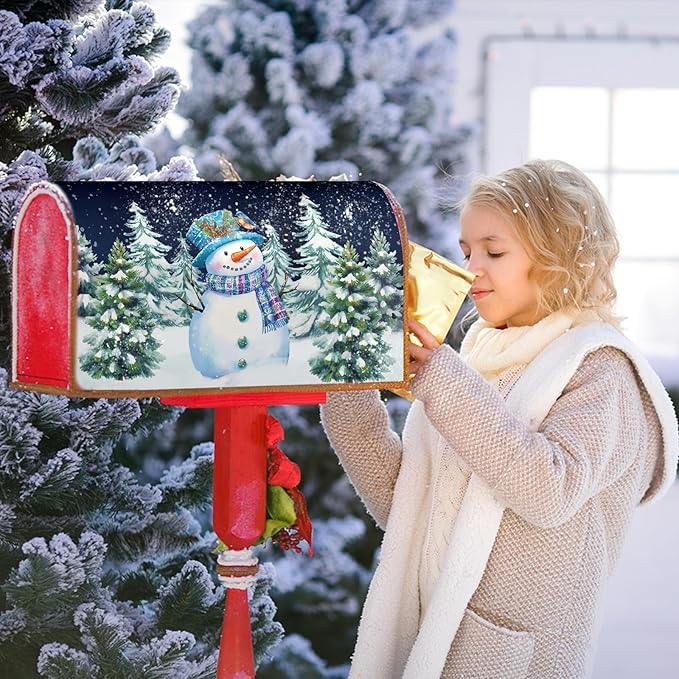 Winter Snowman Magnetic Mailbox Covers Standard Size 21''x18'' Christma Snowy Pine Trees Forest Decorative Post Letter Box Cover Xmas Holiday Letterbox Wrap for Home Outdoor Garden