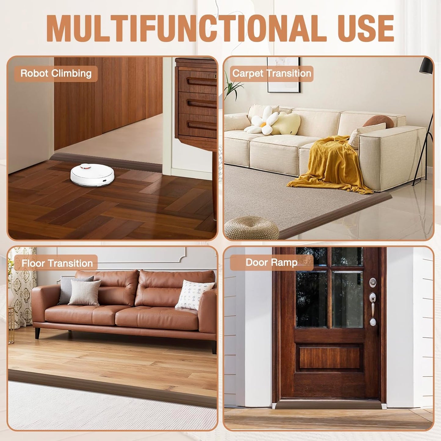 Floor Transition Strip Self Adhesive Vinyl Door Threshold for Doorways Carpet Edging Trim Overlap Edge Reducer for Laminate Floor, Carpet, Tile (Deep Brown Wood Grain, 3/5" to 4/5", 6.6Ft)