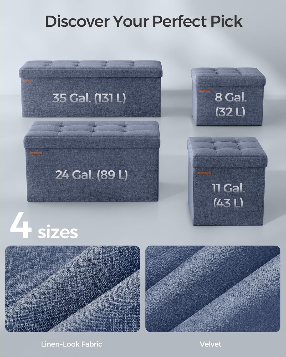 SONGMICS MAZIE Collection - 43 Inches Folding Storage Ottoman Bench, Ottoman Foot Rest, End of Bed Bench, Storage Chest, Load 660 lb, for Living Room, Bedroom, Entryway, Misty Blue ULSF077Q01