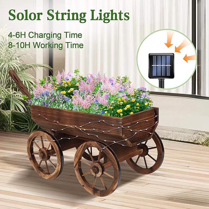 Wood Wagon Planter with Light for Outdoor Balcony Decor - Garden Rustic Wooden Flower Cart with Wheels for Outside Garden Decor Wheelbarrow Planter for Patio Christmas Decoration Gift Car