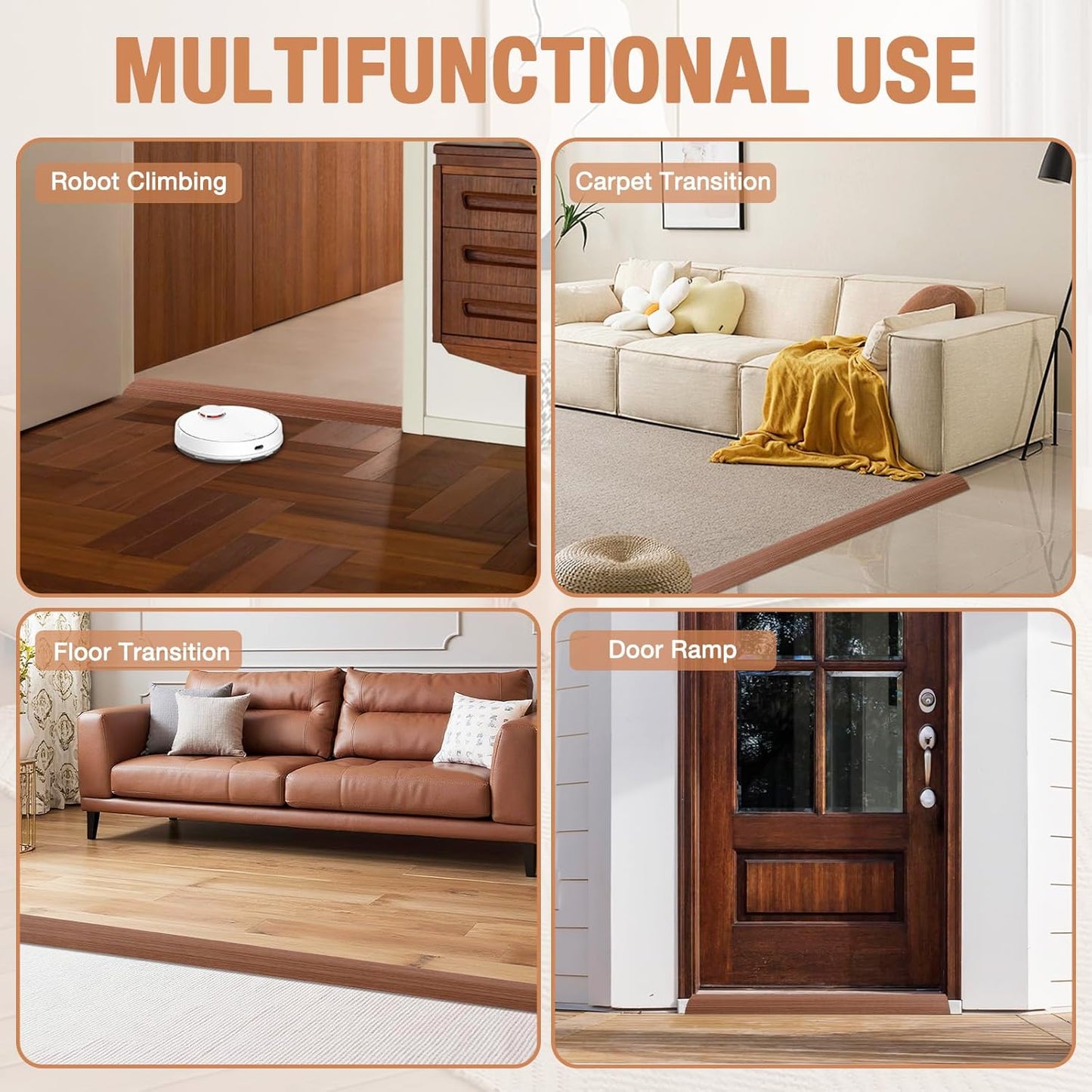 Floor Transition Strip Self Adhesive Vinyl Door Threshold for Doorways Carpet Edging Trim Overlap Edge Reducer for Laminate Floor, Carpet, Tile (Light Brown Wood Grain, 2/5" to 3/5", 3.3Ft)