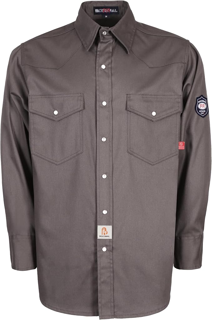 BOCOMAL FR Shirts Flame Resistant 100% C NFPA2112 7.5oz Men's Fire Retardant Welding Shirt