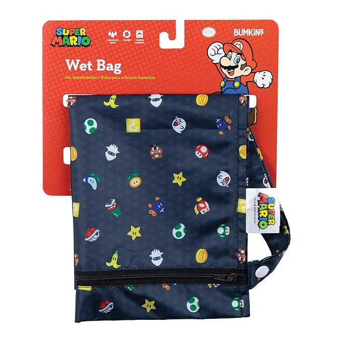 Bumkins Waterproof Wet Bag for Baby, Travel, Swim Suit, Cloth Diapers, Pump Parts, Pool, Beach, Gym Clothes, Toiletry, Hook to Stroller, Daycare, Zipper Reusable Wetdry Packing, Nintendo Super Mario
