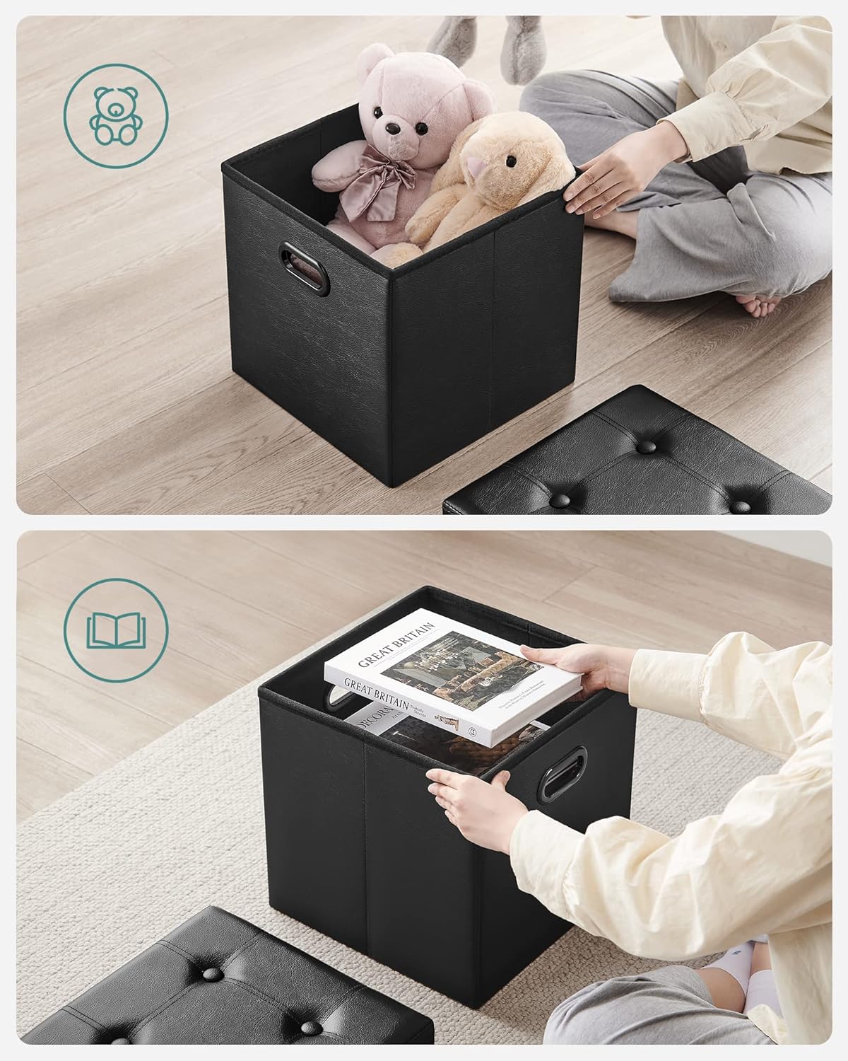 SONGMICS MAZIE Collection - 15 Inches Ottoman with Storage, Footstool, Storage Ottoman with Metal Grommet Handles, Load 660 lb, for Dorm, Living Room, Bedroom, Synthetic Leather, Black ULSF30B