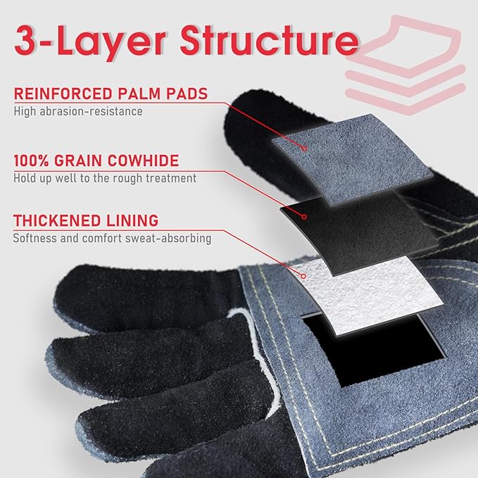 YESWELDER Leather Work Gloves for Men or Women,Suitable for welding | gardening |construction etc. Cowhide leather with cotton lining, wrist closure, grippy and durable.Reinforced palm,Black-gray M