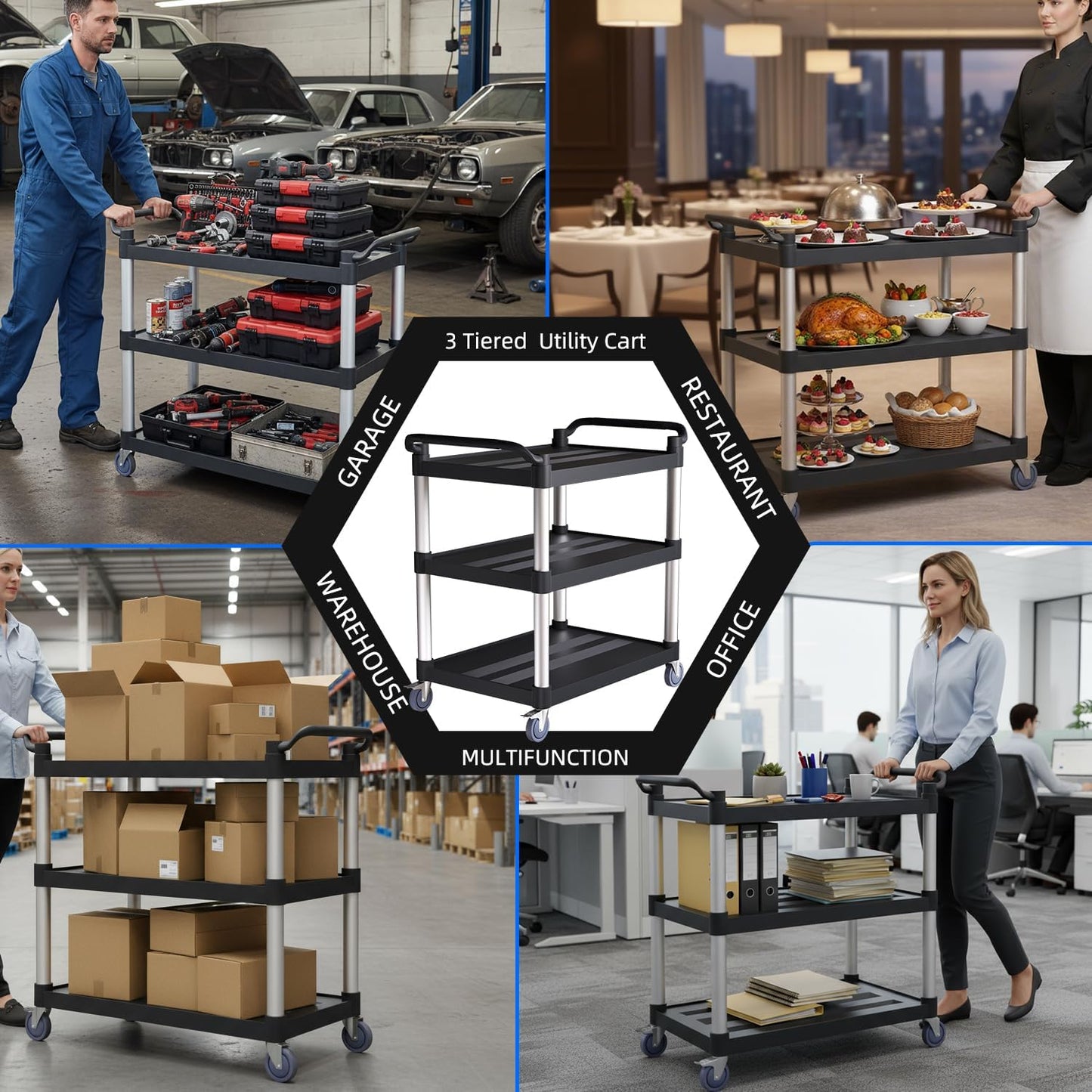 Plastic Utility Cart with Anti-Tangle Wheels, Solid Armrests, 450 Lbs Heavy Duty Capacity, 3-Tier Rolling Serving Cart for Home, Office, Restaurant, Warehouse.40 × 19.7" × 38"