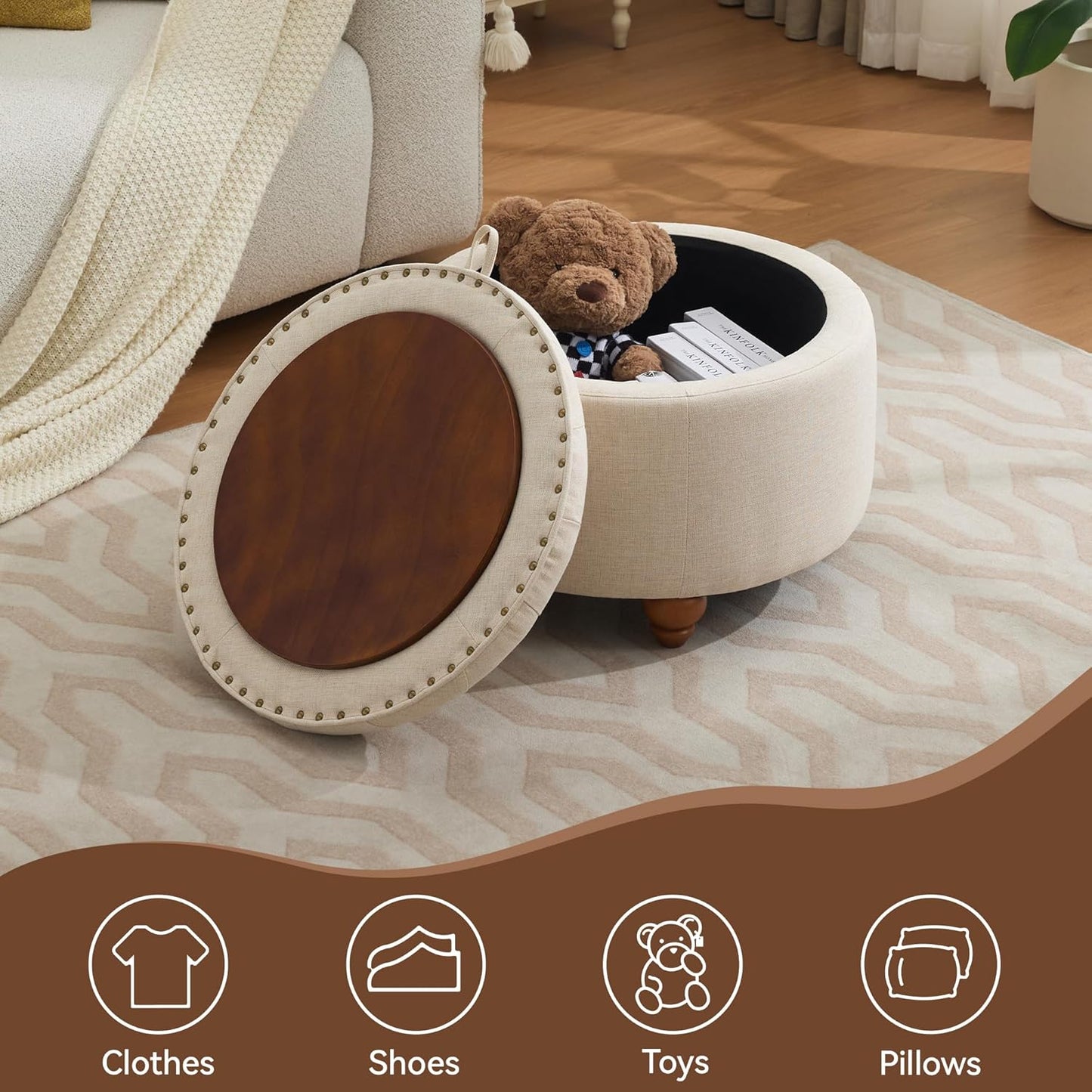 24Inch Round Storage Ottoman with Tray, Modern Tufted Fabric Circle Coffee Table with Storage, Upholstered Ottoman with Removable Top for Living Room, Bedroom, Khaki