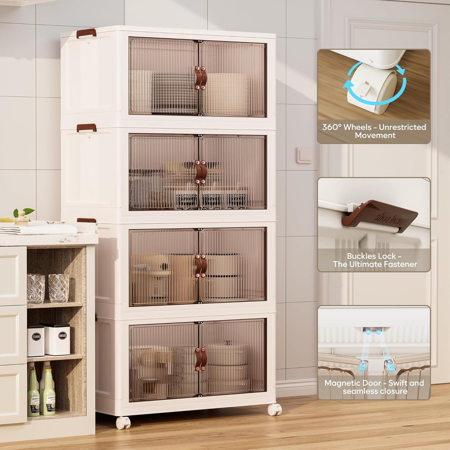 Jalove 120Gal Large Storage Bins with lids, 480QT Plastic Stackable Storage Containers with Wheels, Collapsible Closet Organizer and Storage Drawers,Clothes Organization for Cabinet Home, 4Pack White