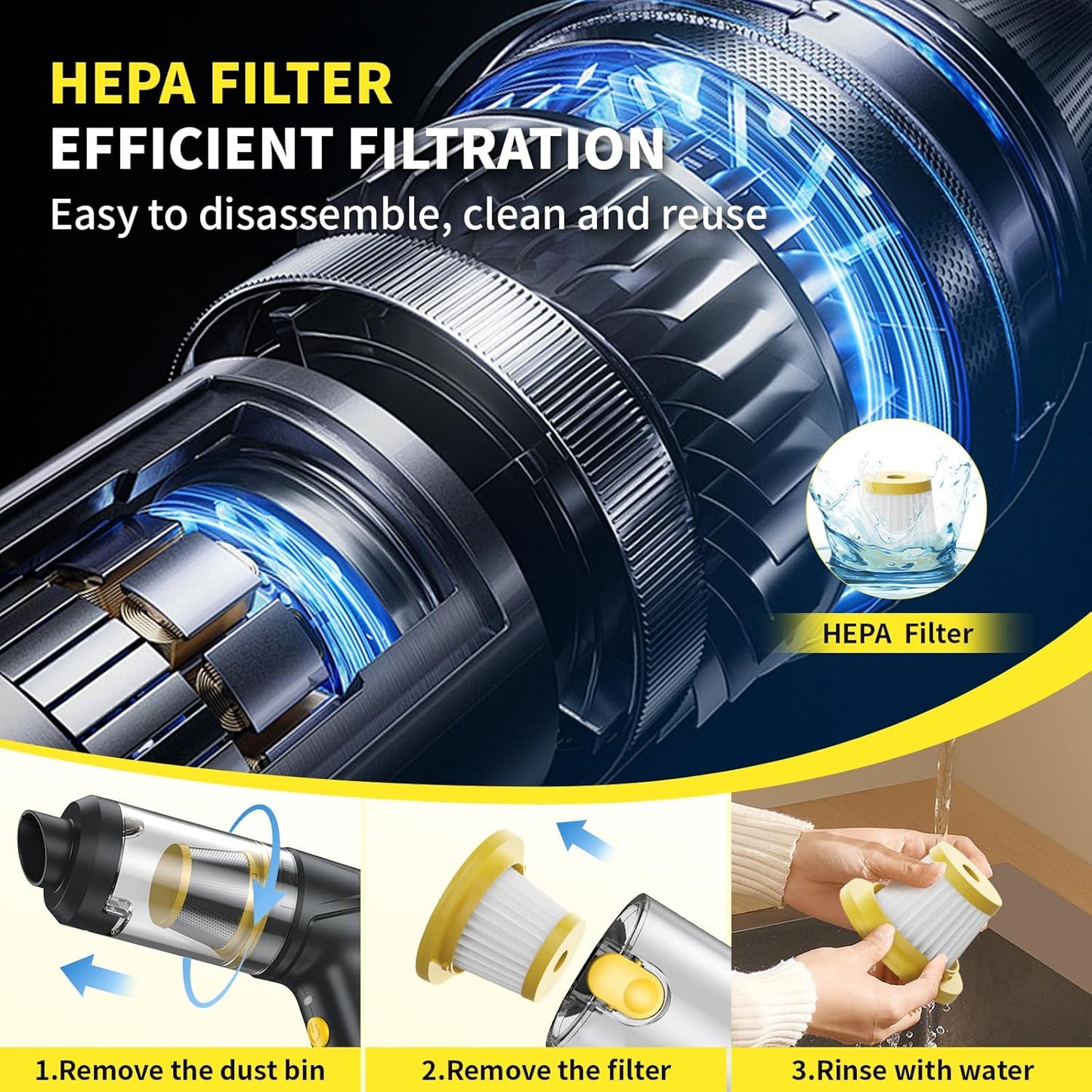 Cordless Handheld Vacuum & Air Duster - 12000Pa Strong Suction, 2 Speeds, Brushless Motor, LED Light, Multi-Nozzles 4-in-1 - Portable for Car, Home, Outdoor, Pet Hair