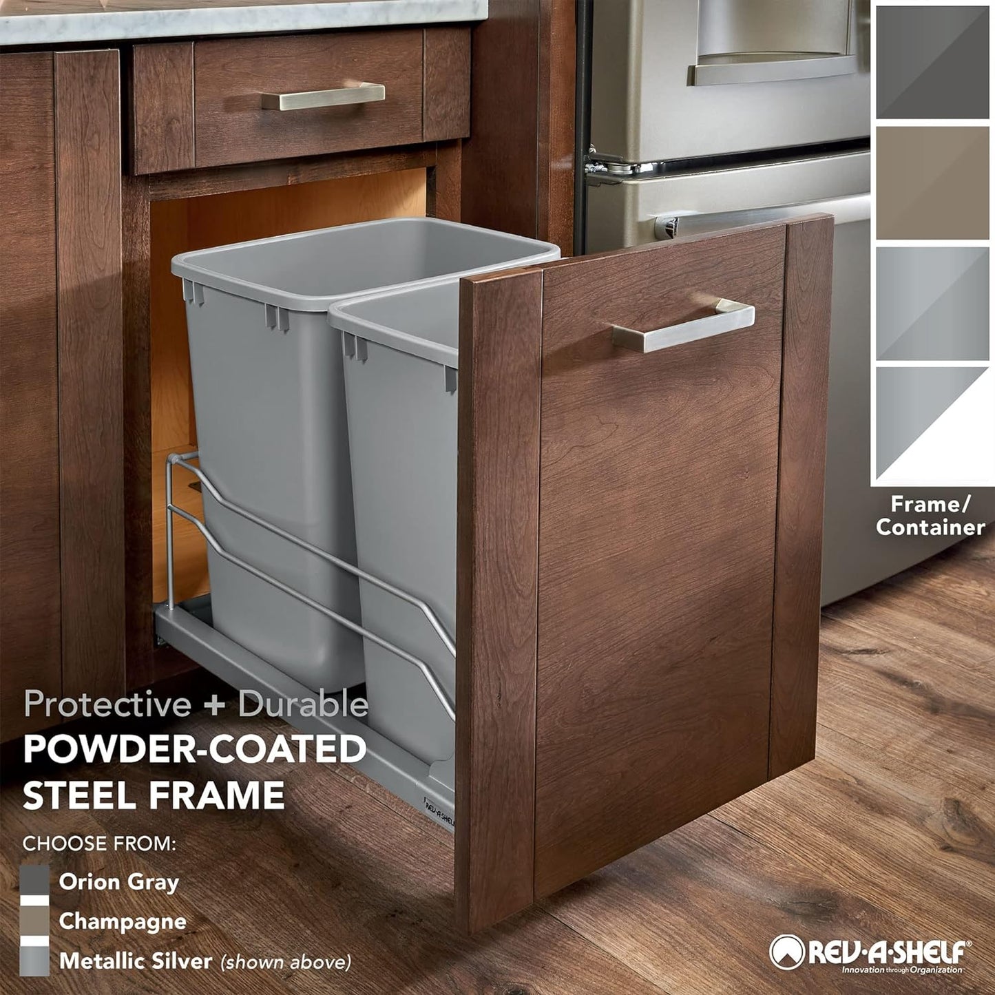 Rev-A-Shelf Double Pullout Trash Cans for Under Kitchen Cabinets 35 Quart 8.75 Gallon with Soft-Close Slides, Orion Gray, 53WC-1835SCDM-213