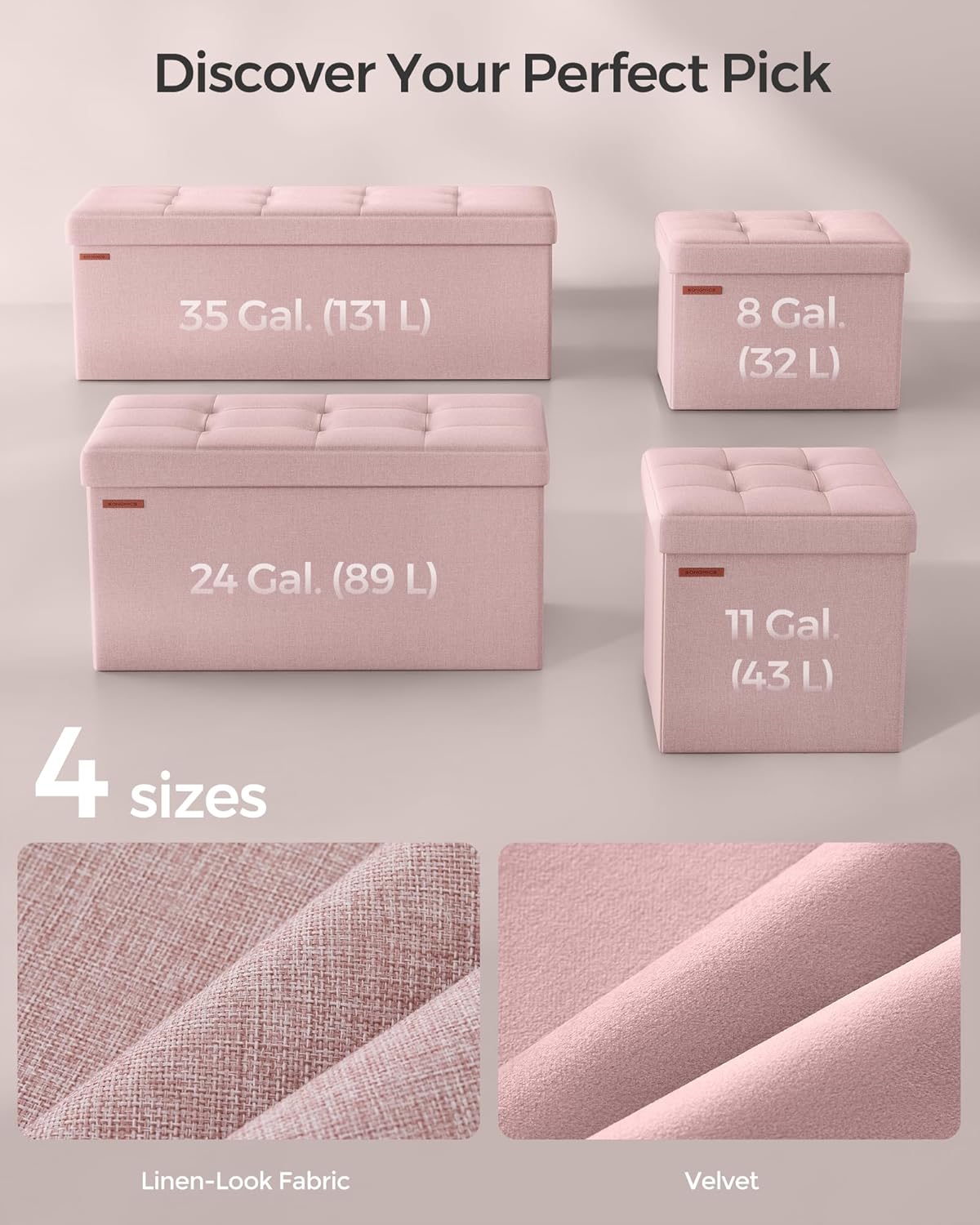 SONGMICS MAZIE Collection - 43 Inches Folding Storage Ottoman Bench, Ottoman Foot Rest, End of Bed Bench, Storage Chest, Load 660 lb, for Living Room, Bedroom, Entryway, Jelly Pink ULSF077R11